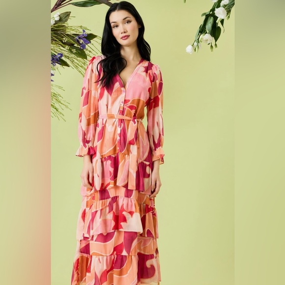 Donna Morgan Long Sleeve Ruffle Tier Print Chiffon Maxi Dress Size 2 - Picture 3 of 15